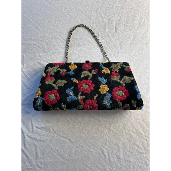 Vintage Handbags - Vintage Black Floral Tapestry Carpet Clutch, 1950's